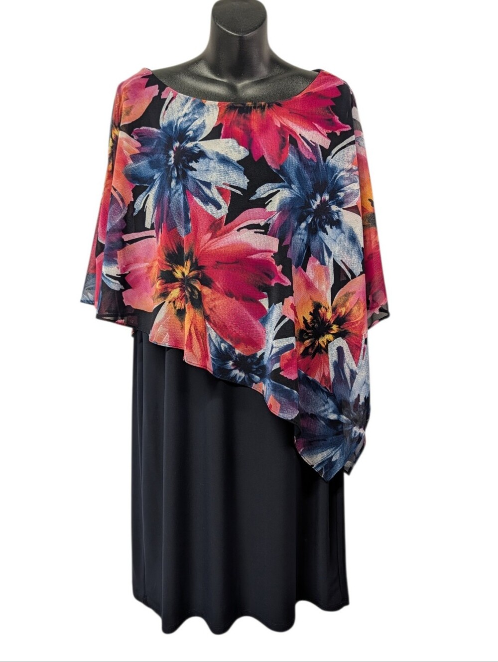 Soft Works Women's Black Floral Chiffon Overlay Shift  Dress Scoop Neck 3/4 L